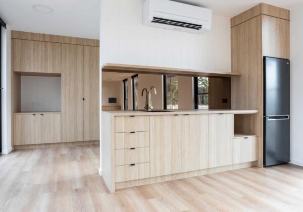 Kitchen in prefab office built by The Quarters Co in Victoria