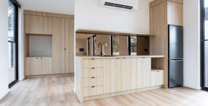 Kitchen in prefab office built by The Quarters Co in Victoria