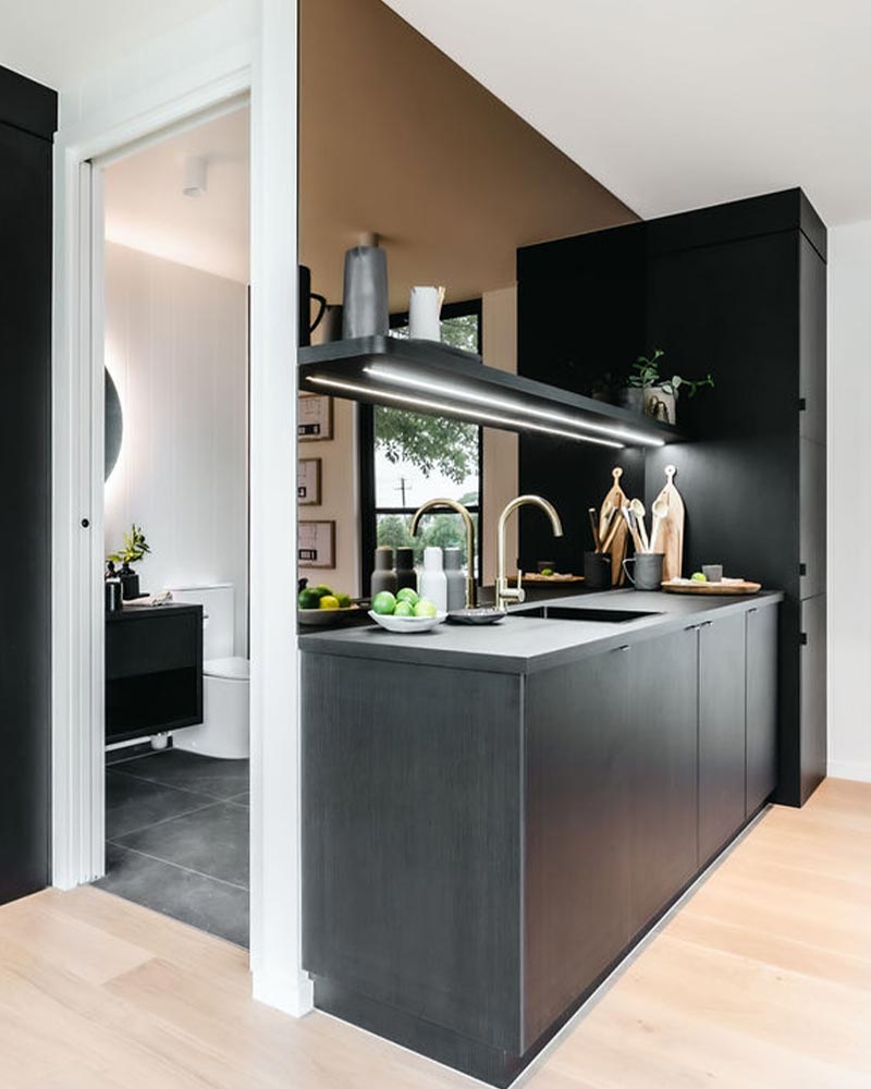 Kitchen in modular studio home built by The Quarters Co in Victoria